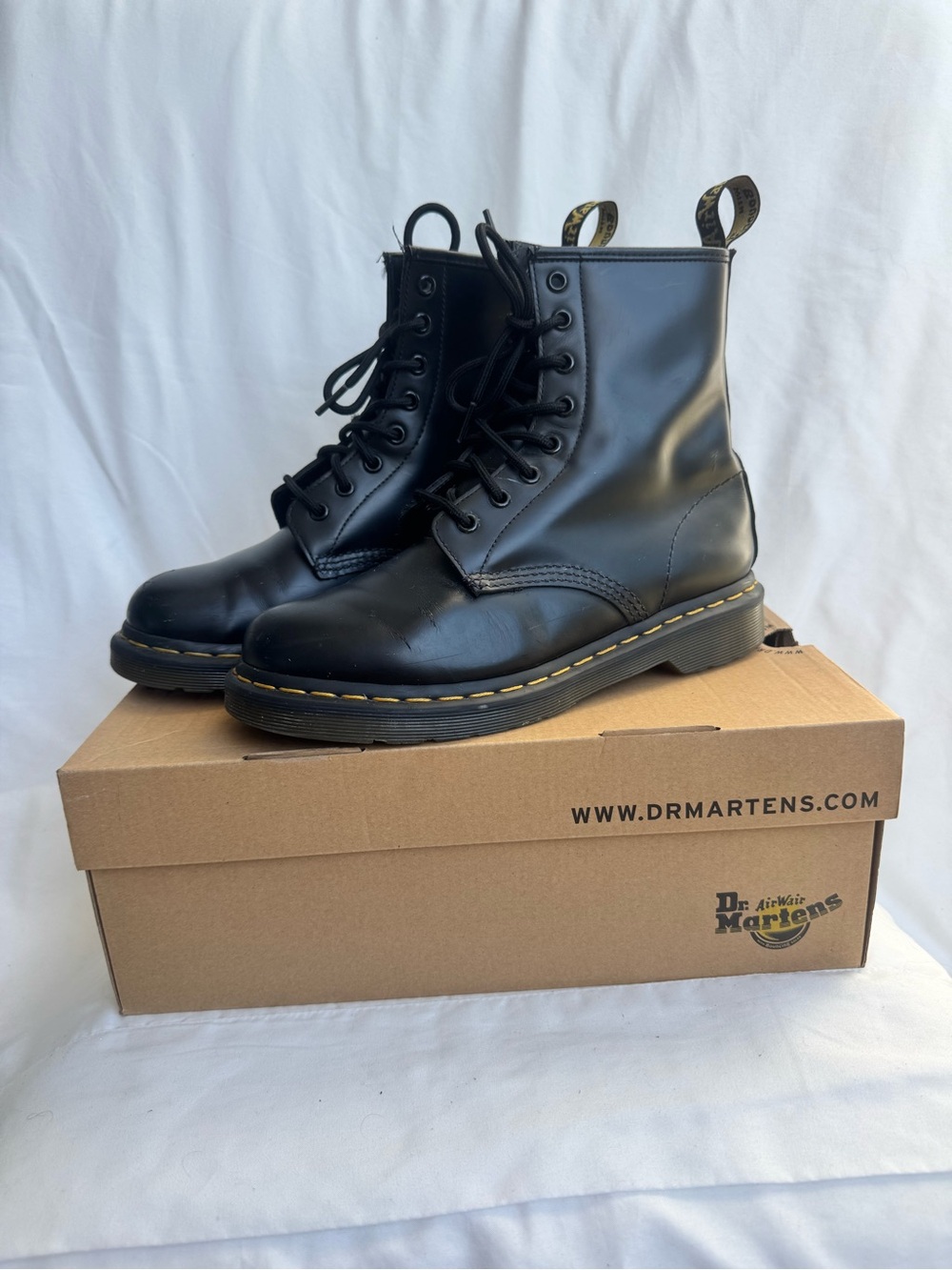 Dr. Martens Black Leather Lace-Up Boots with Yellow Stitching